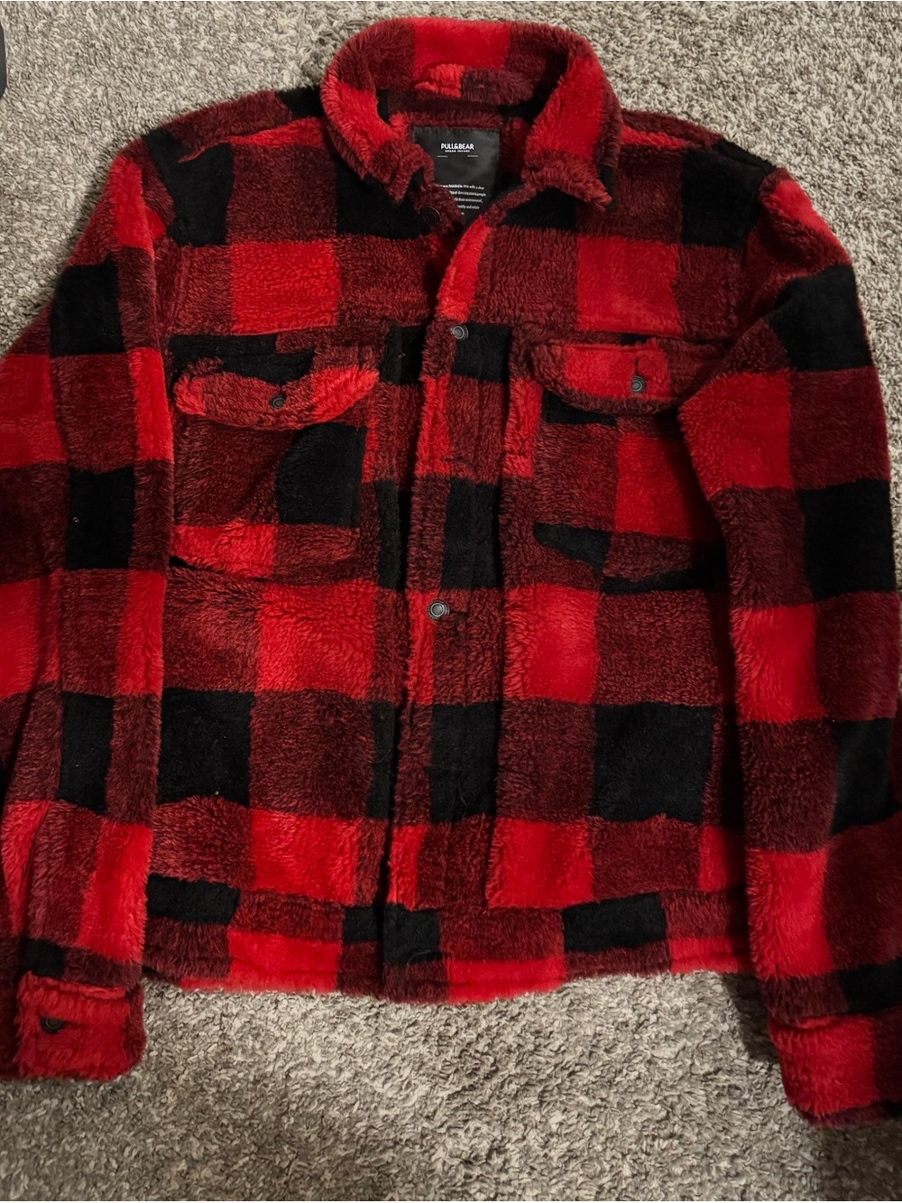 Pull&Bear Red and Black Plaid Sherpa Jacket